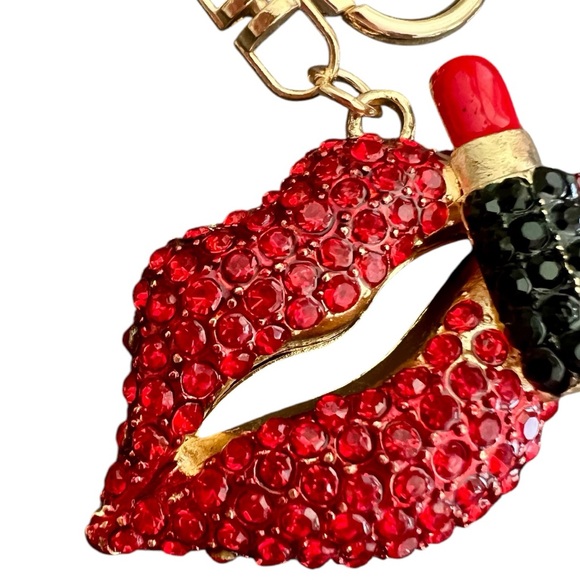 Red Crystal Lip Bag Charm Keychain with Gold Accents - Picture 12 of 16